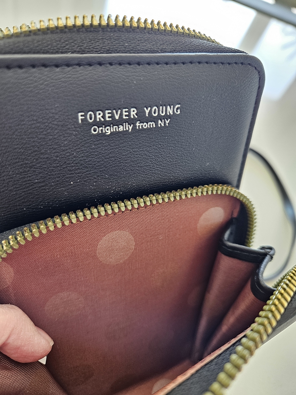 Forever Young Black Zip Wallet with Polka Interior